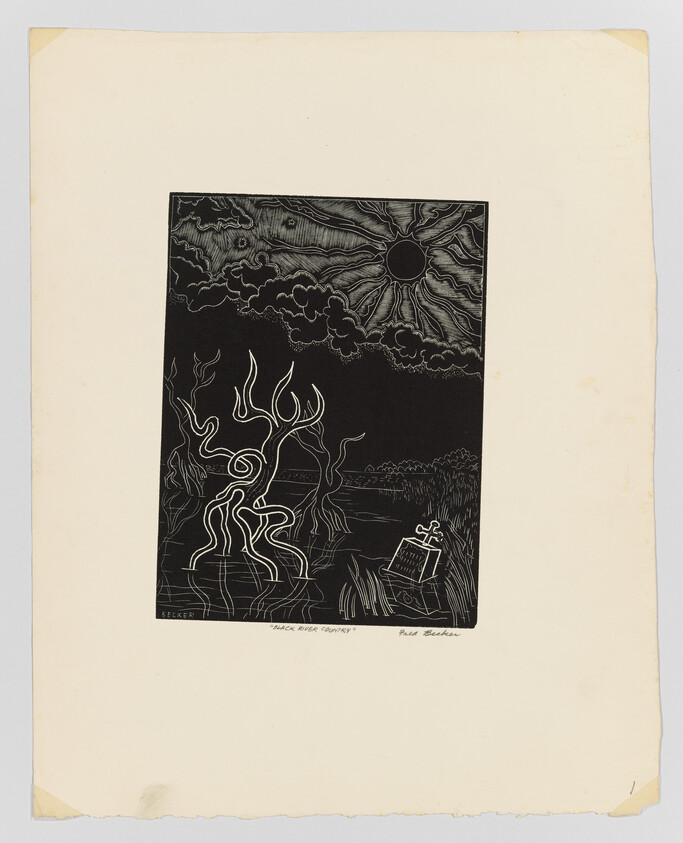 Twisted trees rise from a dark swamp under a sun with dramatic rays, near a small grave.