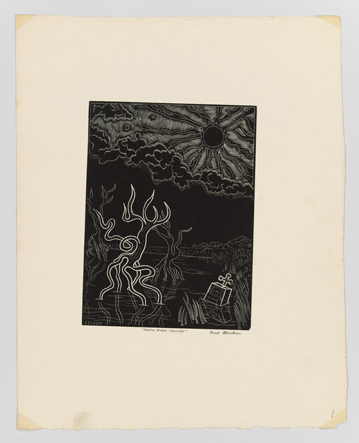 Twisted trees rise from a dark swamp under a sun with dramatic rays, near a small grave.