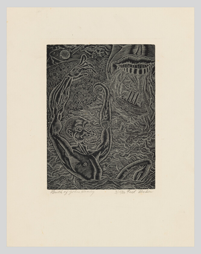 A muscular figure struggles in rough waters reaching toward a giant mouth and distant ship.