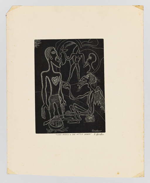 Tall figure with heart symbol faces a crouching witch who points at his chest.