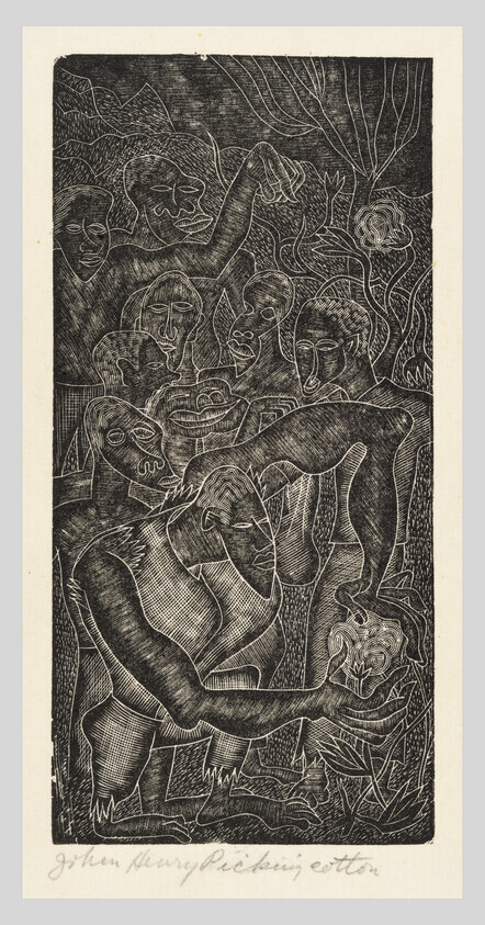 A group of stylized figures with one man bending forward to pick a flower while others watch.