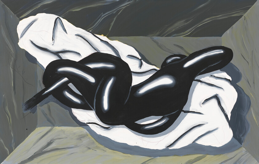 A glossy black knotted form rests on a rumpled white sheet inside a gray box.
