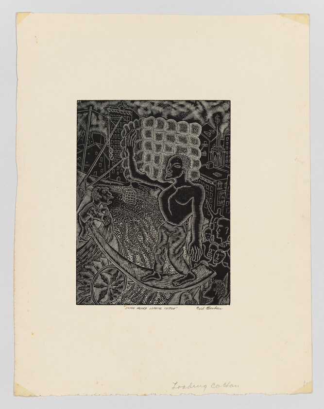 A person carrying a large bundle of cotton on their head stands on a cart in a busy city scene.