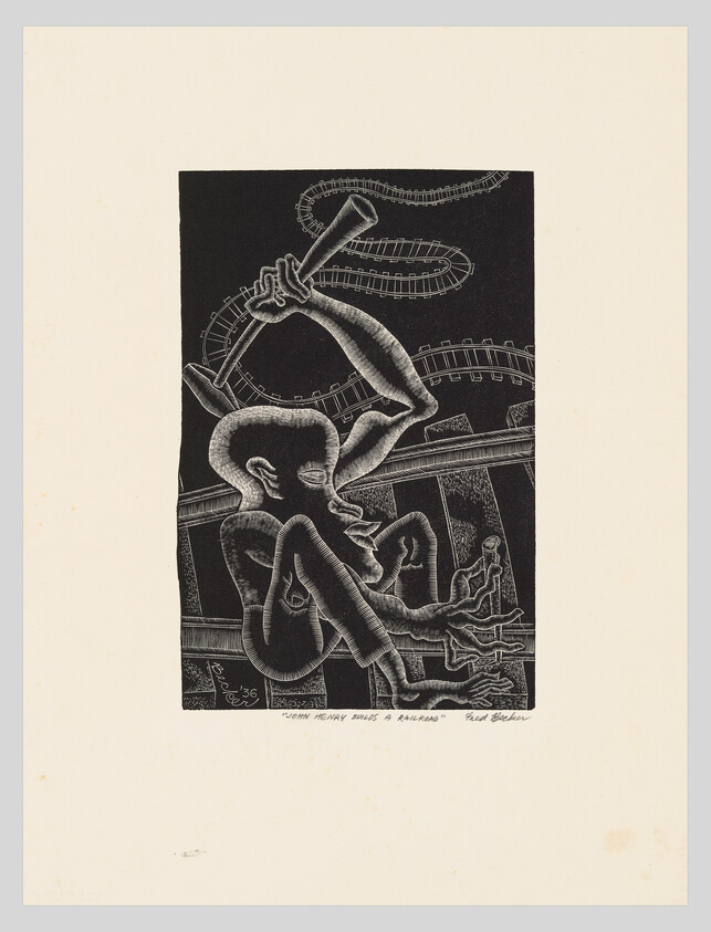 A muscular, many-limbed worker swings a hammer while building railroad tracks.