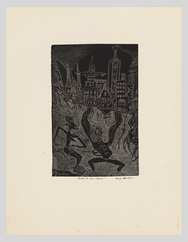 Two stylized workers struggle with tools beneath a looming cityscape, titled "Death of John Henry."