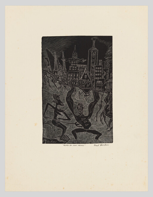Two stylized workers struggle with tools beneath a looming cityscape, titled "Death of John Henry."