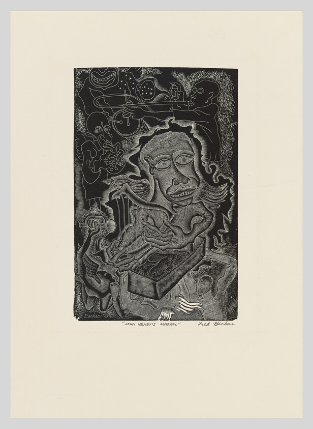 A surreal woodcut shows a large face with many hands arranging a coffin labeled "John Henry's Funeral."