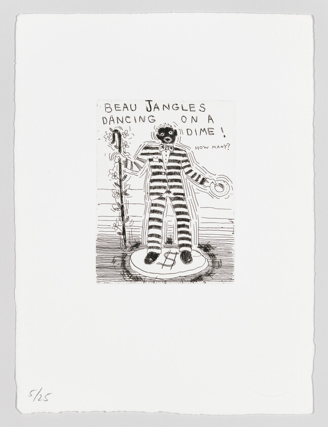 Illustration of a striped character named "Beau Jangles" dancing on a dime with text and musical notes.