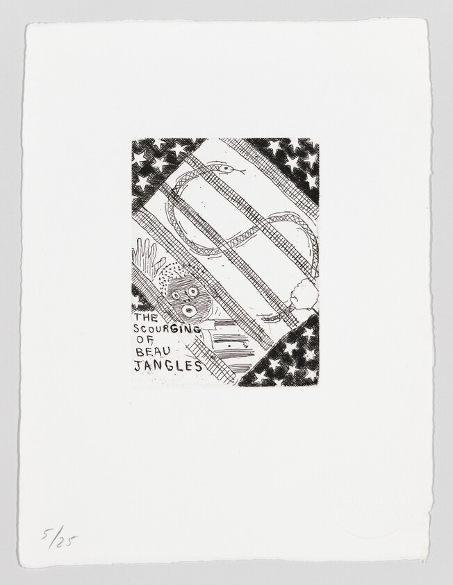 A small black-and-white print shows a snake entwined over an American flag and figure labeled 'The Scourging of Beau Jangles'.