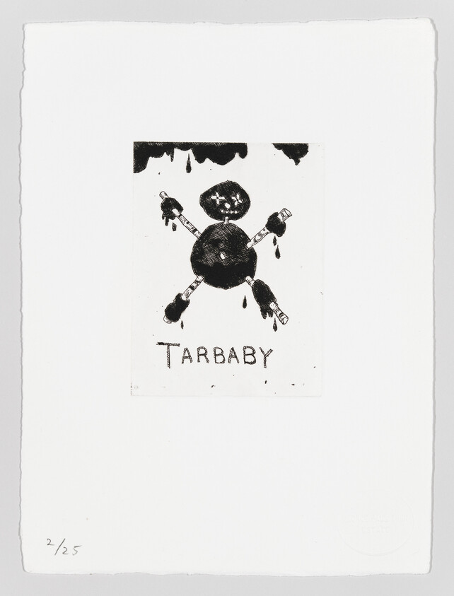 A small tar-covered doll with crossed-out eyes and nailed limbs dripping tar, labeled "Tarbaby."