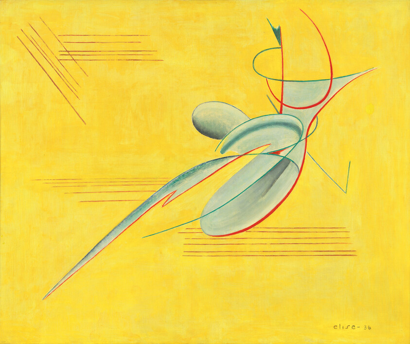 Abstract flowing teal shapes and red lines suggesting a swooping figure against a yellow background.