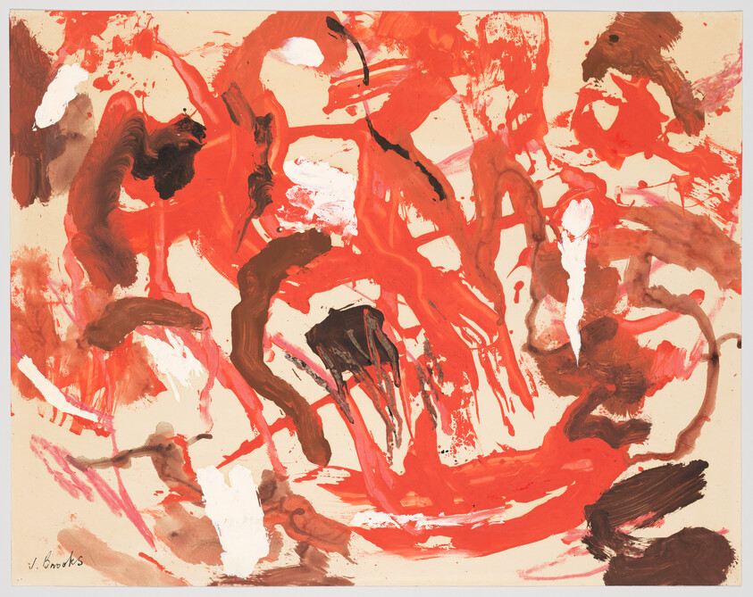 Bold red and brown brushstrokes swirl across a cream background in energetic, abstract gestures.