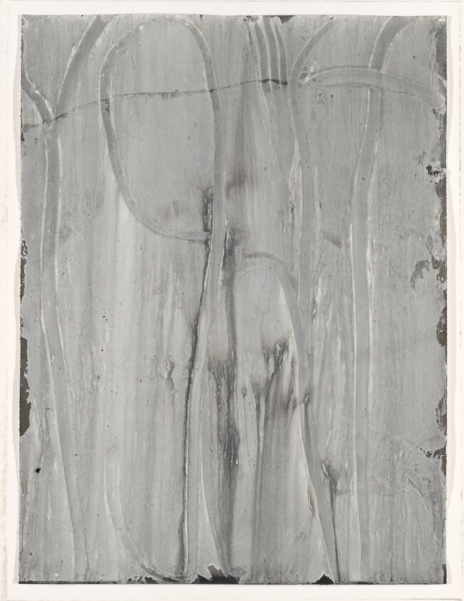 Abstract painting with broad vertical gray brushstrokes and textured streaks across the surface.