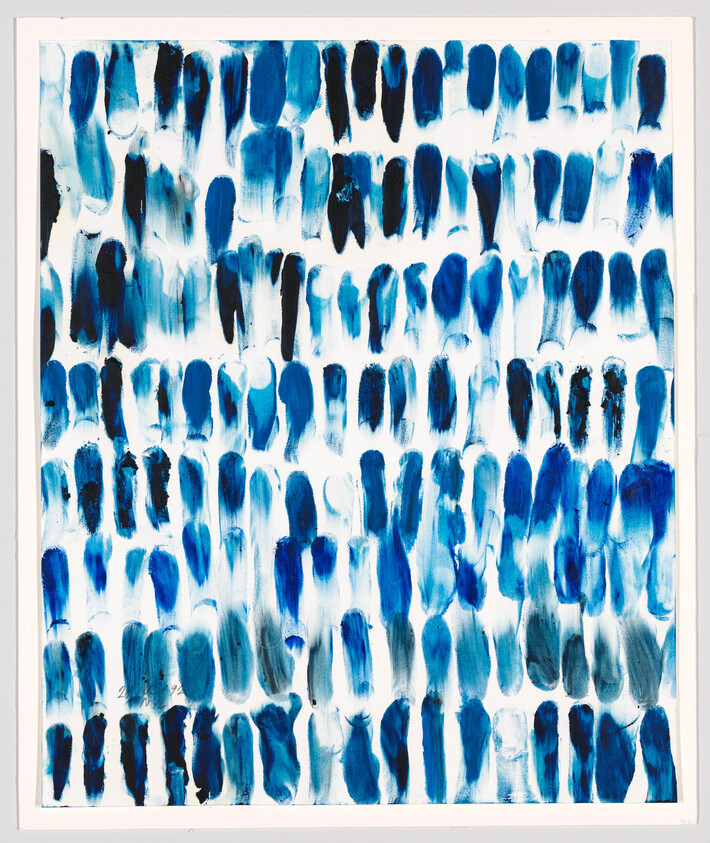 Abstract painting of repeated blue brushstrokes arranged in loose vertical rows on a white background.