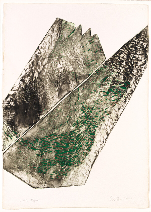 Two large textured angular shapes with green brushlike marks overlapping on a pale background.