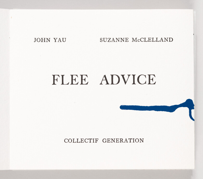 Book cover titled Flee Advice by John Yau and Suzanne McClelland with a blue paint stroke.