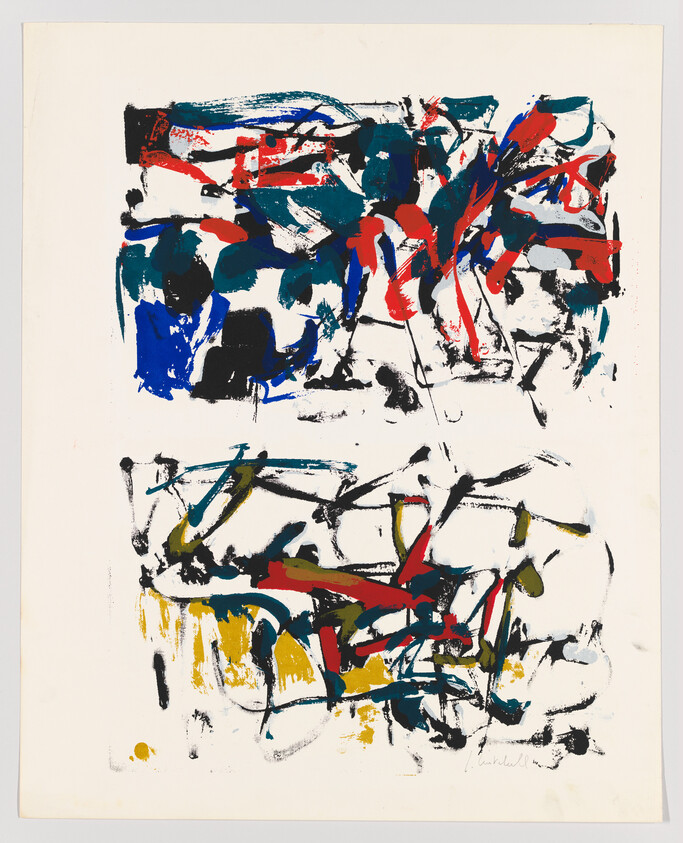 Abstract painting with two stacked panels of bold red, blue, black, green, and yellow brushstrokes.