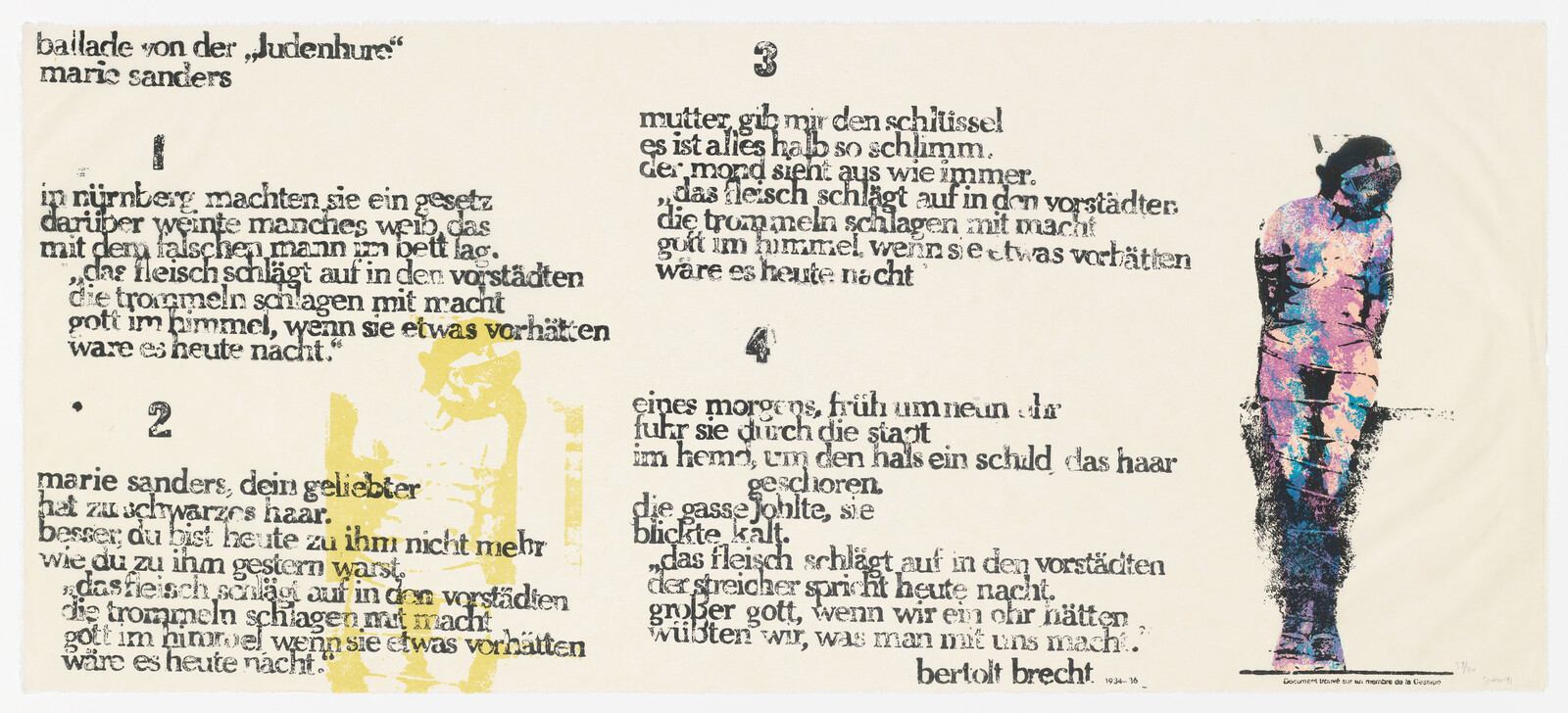 Printed German poem with four numbered stanzas and a colorful bound standing figure on the right.