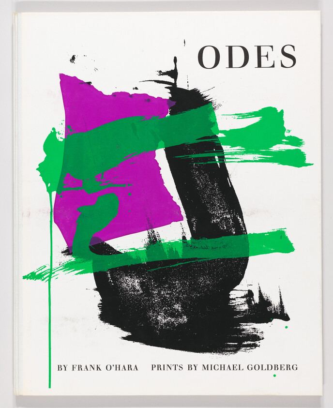 Book cover titled Odes with abstract black, green, and magenta paint strokes and credits.