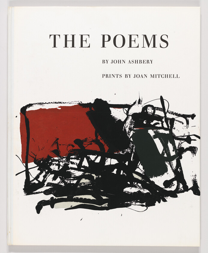 Book cover titled "The Poems" by John Ashbery with abstract black and red ink artwork.