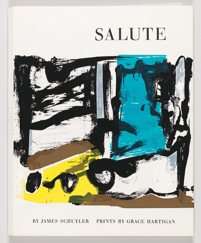 Book cover titled Salute with abstract blue, black, yellow brush strokes and artist credits at bottom.