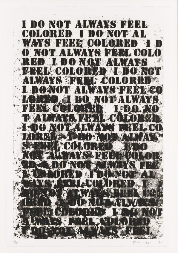 Repeating stenciled text reads "I do not always feel colored" in distressed black print.