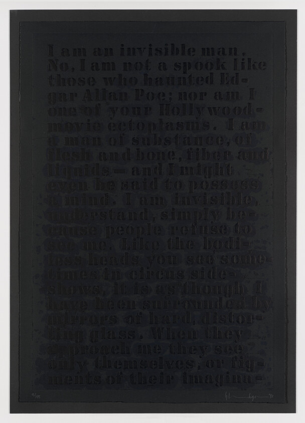Black poster with embossed dark text beginning "I am an invisible man" against a gray border.