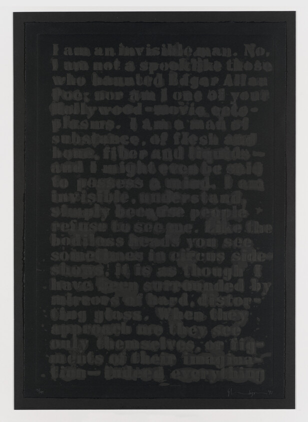 Dark monochrome artwork showing a faint block of printed text, beginning with "I am an invisible man."