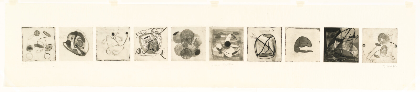 A horizontal series of ten small abstract black-and-white square prints arranged across a wide white sheet.