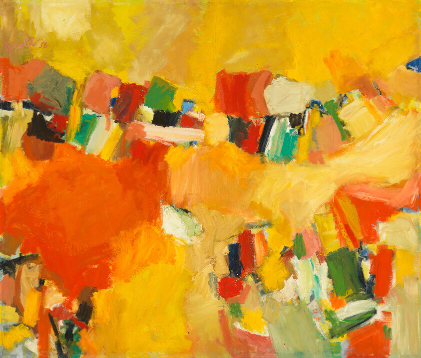 Bright abstract painting with bold yellow and orange fields and scattered multicolored rectangular patches.