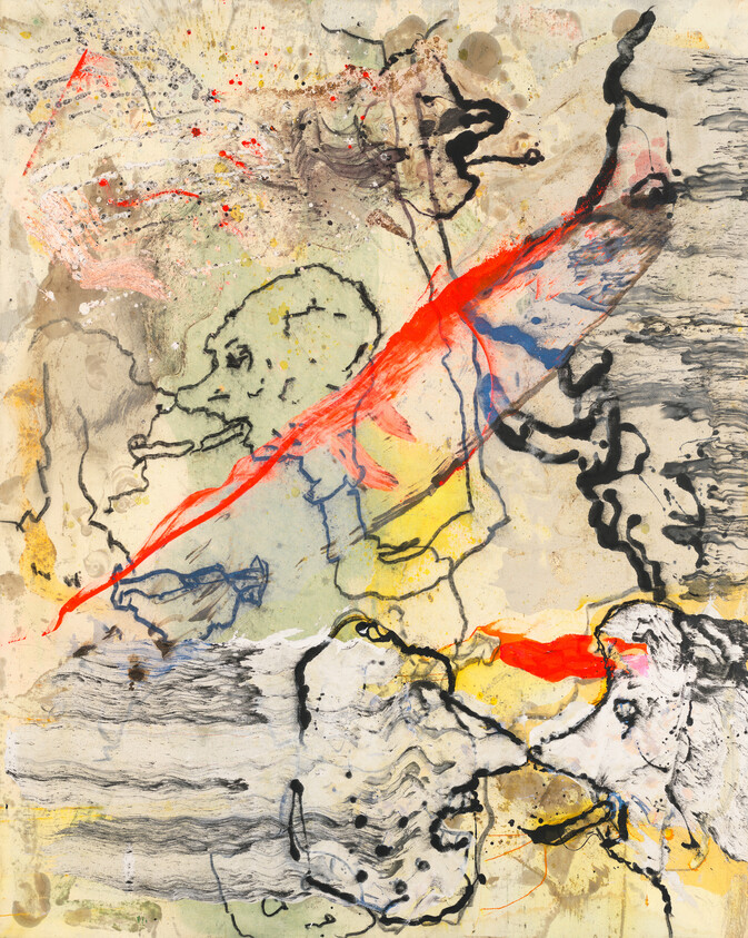 Abstract painting with a bold red diagonal streak crossing sketchy faces and layered ink washes.