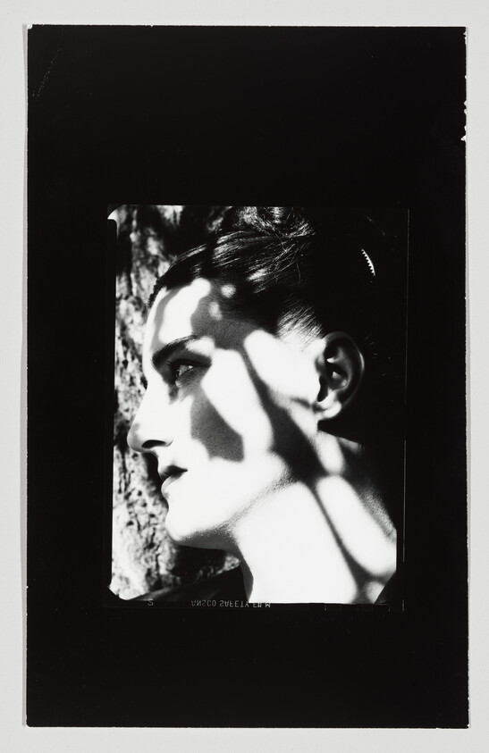 A high-contrast black and white photograph of a person's profile with shadows of leaves cast across their face. The image is framed with a black border, and there is text at the bottom edge that appears to be upside down.