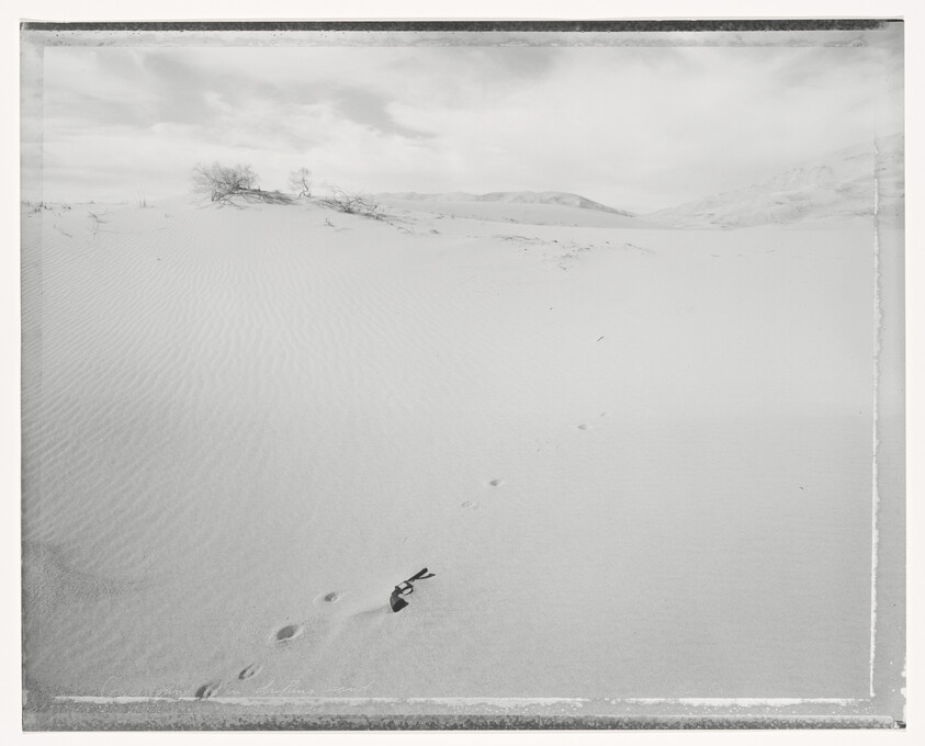 A single sandal lies on smooth sand with a trail of footprints leading toward distant dunes.