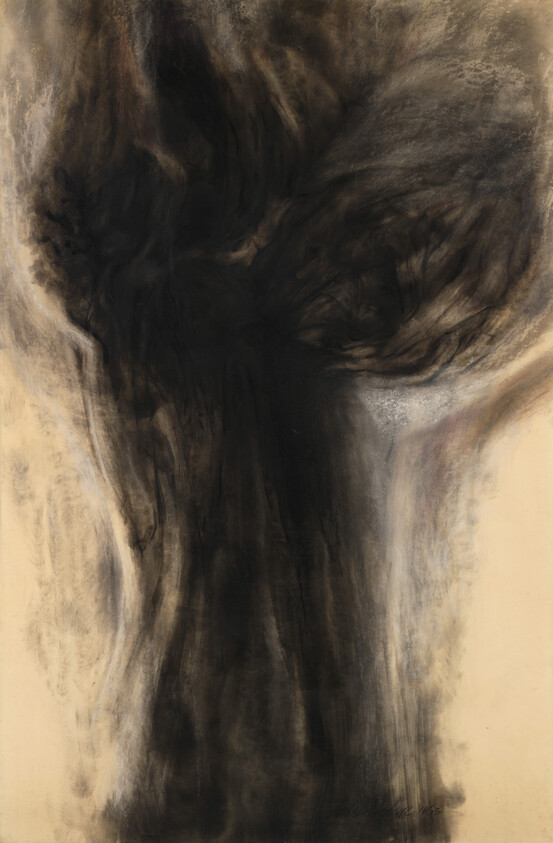 A towering dark plume of smoke or ink rises against a pale, textured background.