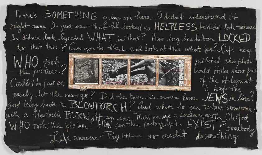 Three-panel photograph of a bound Black man framed on a blackboard with handwritten questioning about lynching and helplessness.