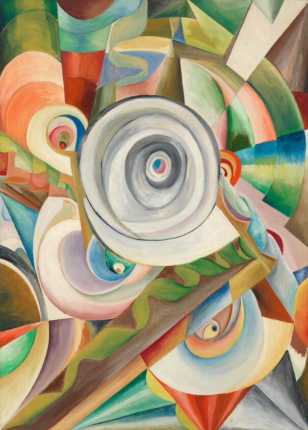Abstract painting of overlapping concentric circles and angular shapes in bright, swirling colors.