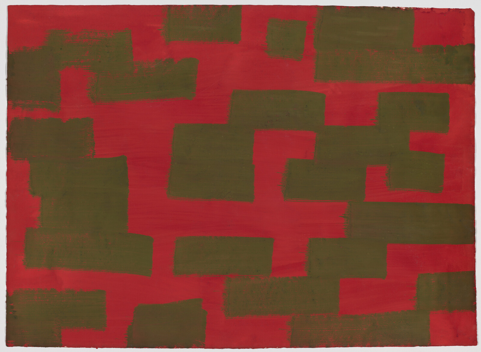 Large red rectangle with uneven green blocks and lines arranged in a loose, grid-like pattern. No text.