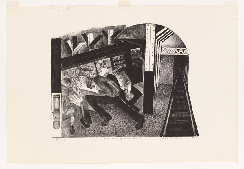 Black and white etching of passengers in a subway station with an oncoming train, capturing the movement and urban atmosphere.