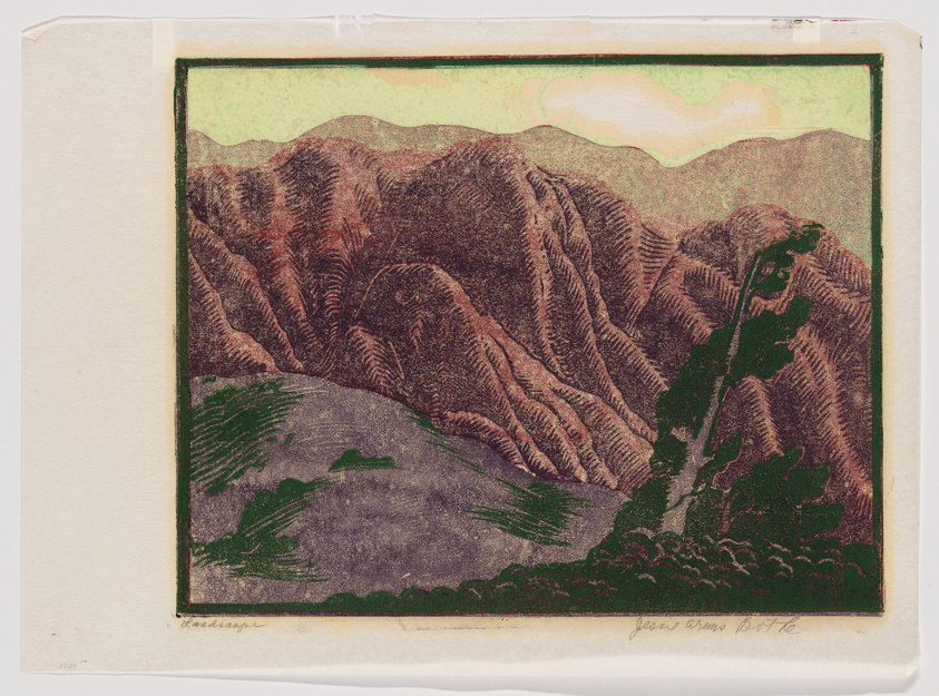 A colorful print depicting a mountainous landscape with textured hills in shades of red and green under a pale yellow sky with a single cloud. The foreground features darker green vegetation and a small structure. The image is bordered with a green line and has signatures in the lower corners.