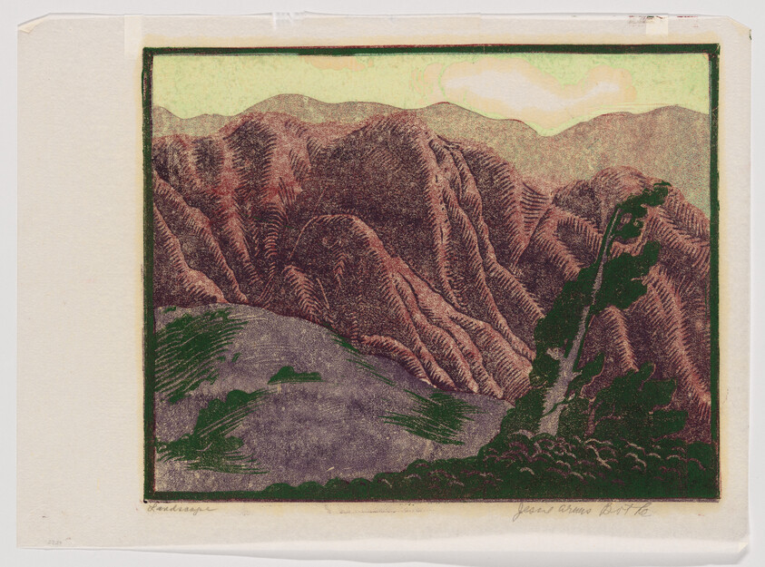 Stylized print of layered mountains with textured ridges and trees in the foreground.