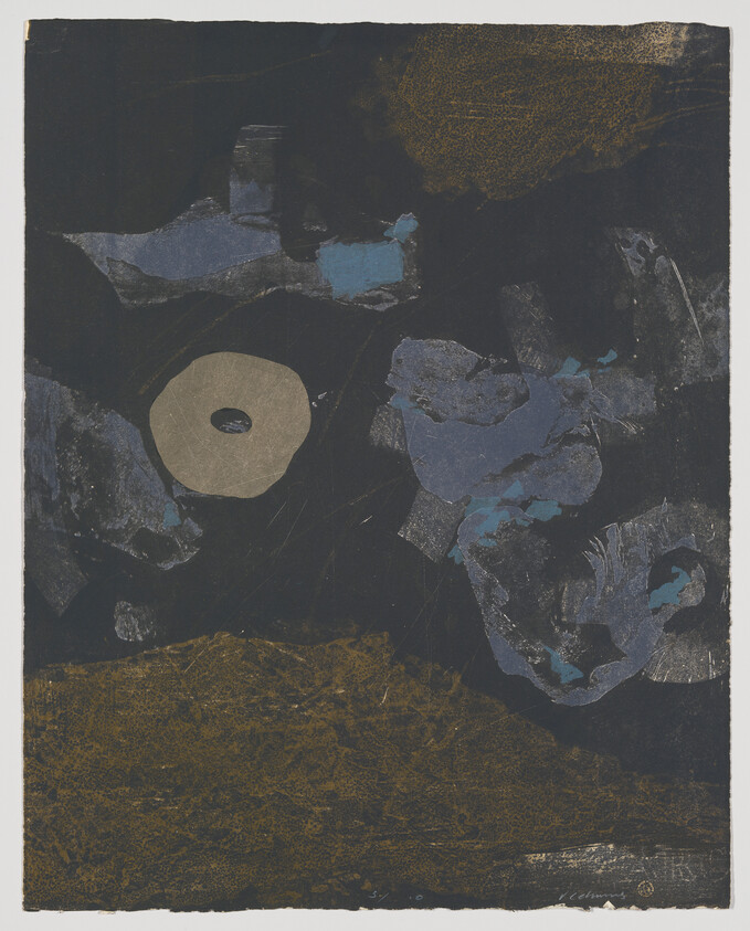 Dark abstract composition with gold textured ground, blue-gray shapes, and a beige ring.