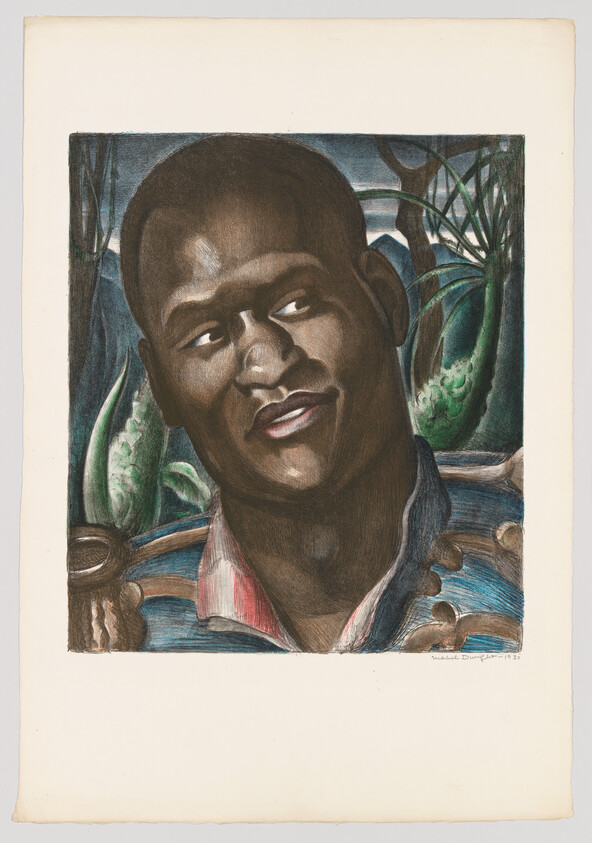 A Black man looks slightly to the side with tropical foliage in the background.