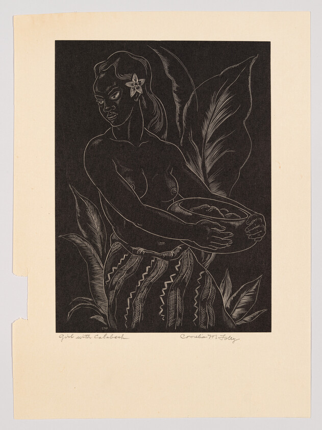 A woman with a flower in her hair holds a bowl of fruit among large tropical leaves.