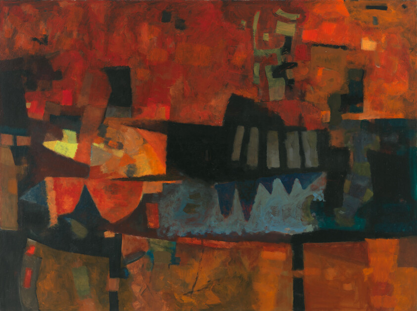 Abstract composition of warm red and orange blocks with dark shapes and a blue zigzag band.