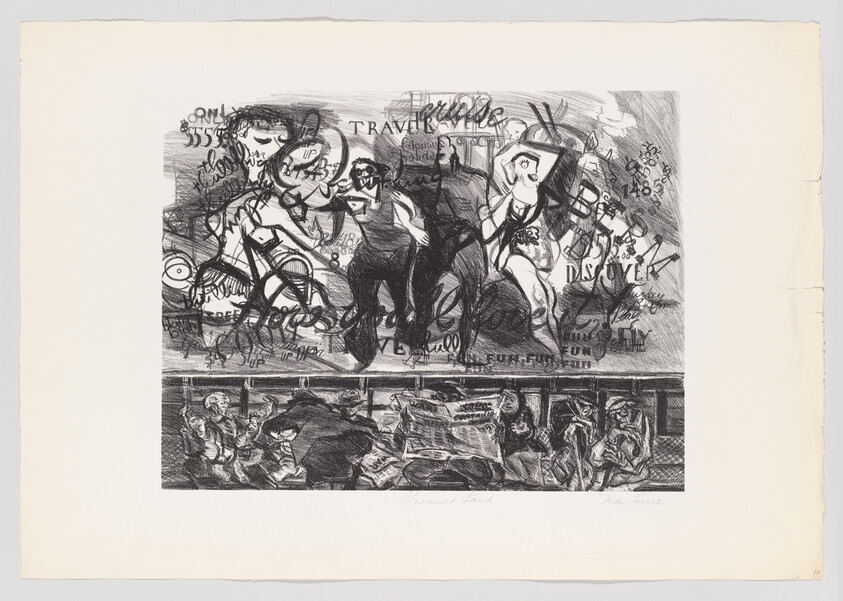 Crowded sketch shows performers dancing above a row of seated passengers reading newspapers.