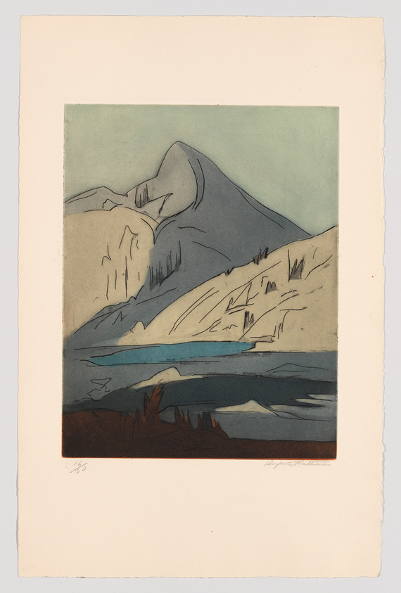 Stylized print of a mountain landscape with a lake in muted colors, signed by the artist.