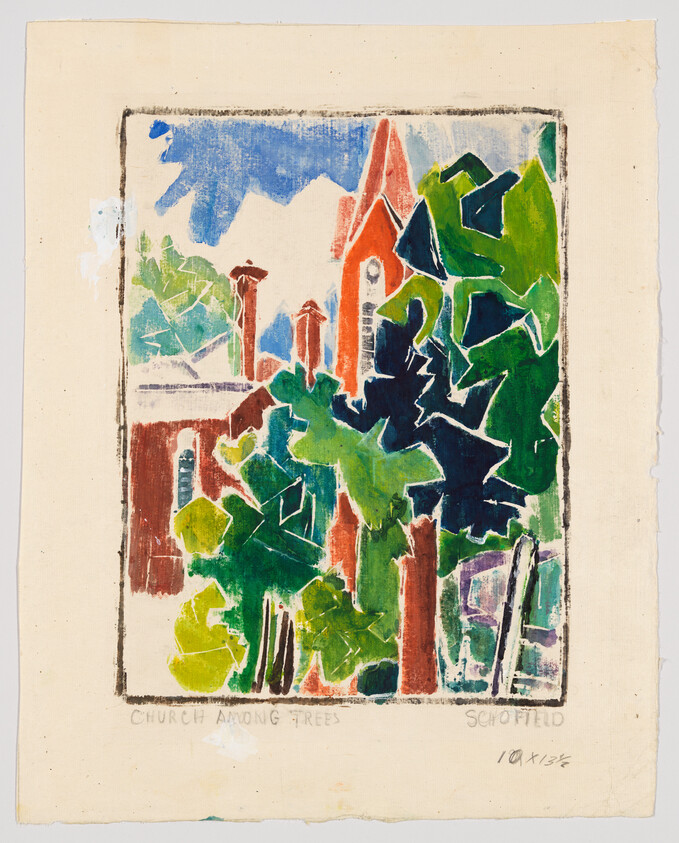 A colorful stylized church peeks through dense green trees in a bright print.