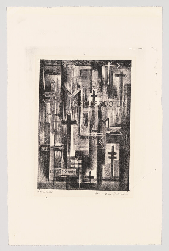 Multiple stylized crosses and memorial text 'Recuerdo de' and 'In memoriam' arranged in a layered composition.