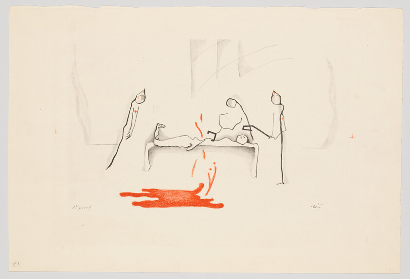 Three thin figures operate on a patient on a table while red blood pools on the floor.