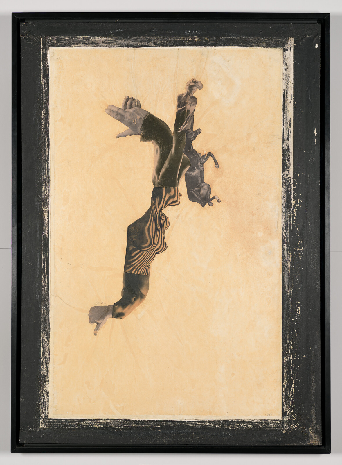 Collage of fragmented human arms and legs with a small horse and standing female figure.